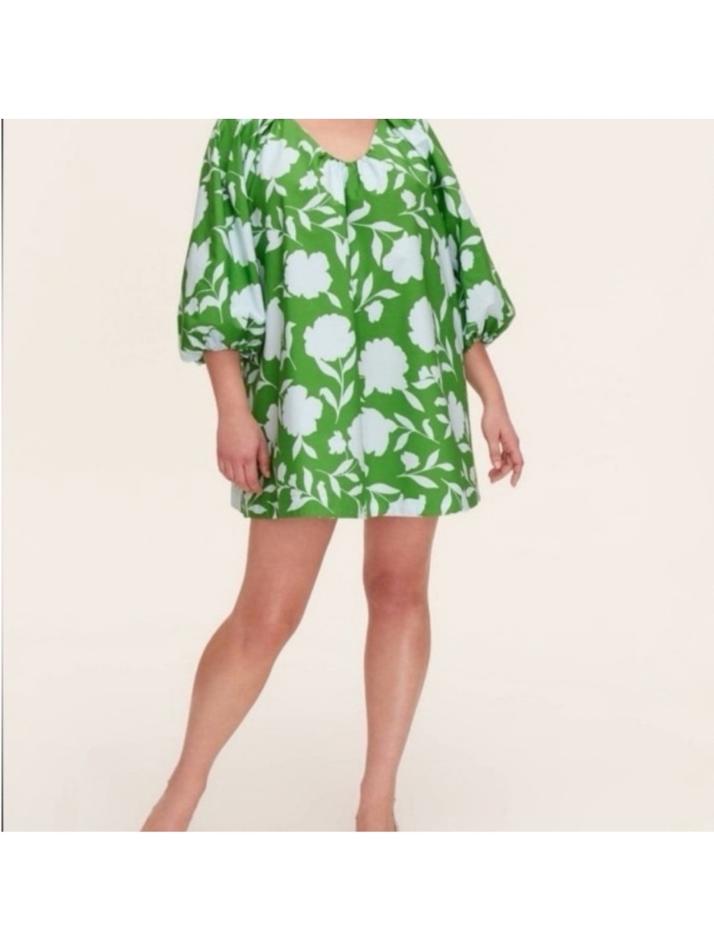 Green and White Floral Mini Dress with Balloon Sleeves
